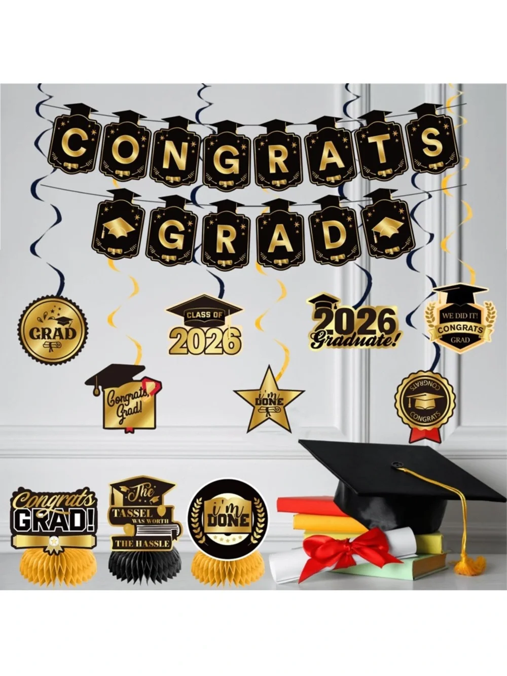 Congrats Grad 2026 Party Decorations - Black & Gold Graduation Banner Set